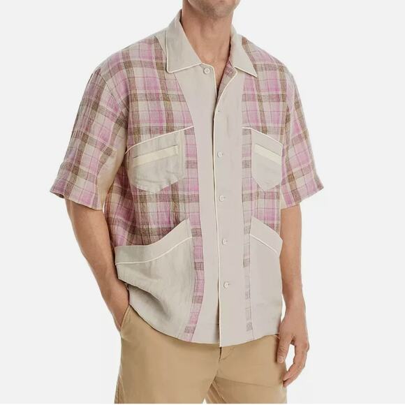NWOT Nicholas Daley Linen Mento Patchwork Button Shirt Pink Beige Streetwear XL - Picture 1 of 8